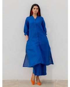 Blue Linen Kurta with Palazzo- Set of 2