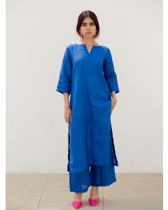 Blue Linen Kurta with Palazzo- Set of 2