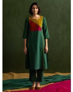 Green Color Block Cotton Linen Kurta with Pants - Set of 2