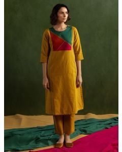 Mustard Yellow Color Block Cotton Linen Kurta with Pants - Set of 2