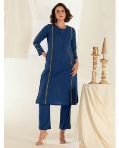Blue Cotton Linen Kurta with Pants - Set of 2