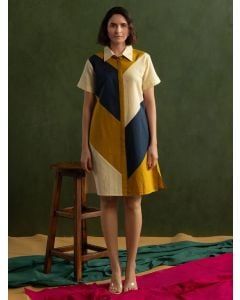 Multicolor Color Block Cotton Linen Dress