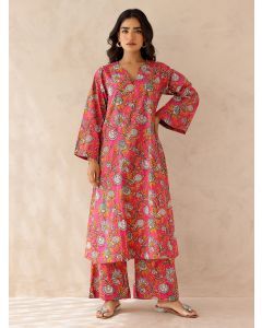 Pink Printed Cotton Kurta with Pants- Set of 2