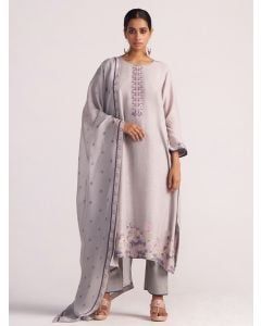 Grey Woven Bemberg Silk Thread Work Suit - Set of 3