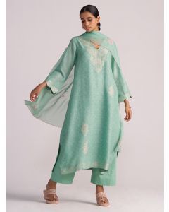 Green Woven Bemberg Silk Thread Work Suit - Set of 3