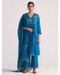 Blue Embroidered Chanderi Mul Suit - Set of 3