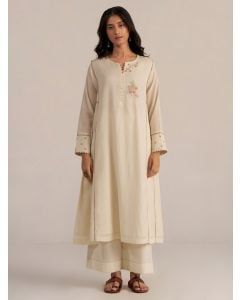 Off White Hand Embroidered Chanderi Mul Kurta with Pants- Set of 2