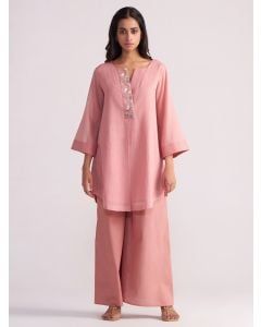 Pink Embroidered Cotton Voil Co-ord Set- Set of 2