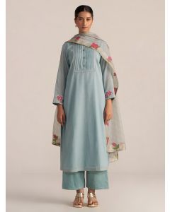 Light Blue Embroidered Chanderi Mul Suit- Set of 3