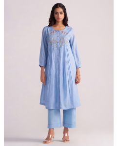 Blue Embroidered Chanderi Mul Kurta with Pants- Set of 2