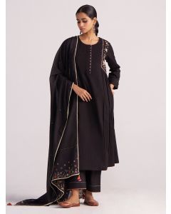 Black Thread Embroidered Chanderi Mul Suit - Set of 3
