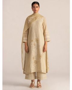 Beige Woven Viscose Chanderi Jacquard Suit - Set of 3