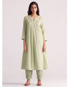 Green Embroidered Cotton Voil Kurta with Pants- Set of 2