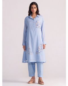 Sky Blue Applique Work Cotton Voil Kurta with Pants- Set of 2