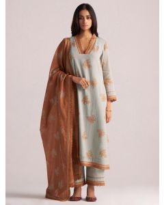 Grey Rust Printed Cotton Mul Suit - Set of 3