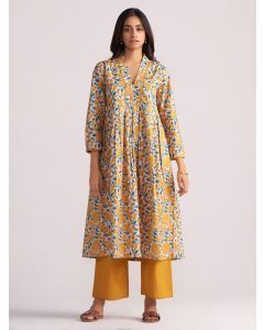 Mustard Yellow Blue Printed Cotton Kurta with Pants - Set of 2