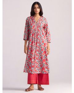 Red Blue Printed Cotton Kurta with Pants - Set of 2
