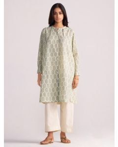 Cream Olive Green Printed Linen Kurta with Pants - Set of 2