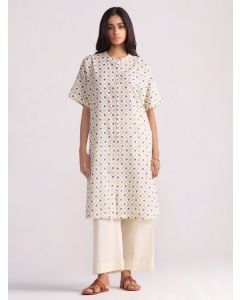 Cream Blue Printed Cotton Linen Kurta with Pants - Set of 2