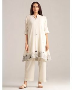 Cream Woven Cotton Kurta with Slip and Pants- Set of 2