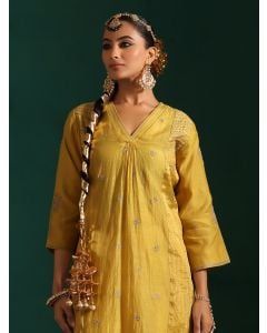 Yellow Embroidered Chanderi Mul Suit- Set of 3