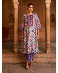Blue Printed Viscose Chanderi Kurta with Pants- Set of 2