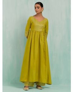 Green Gota Work Cotton Slub Kurta with Pants- Set of 2