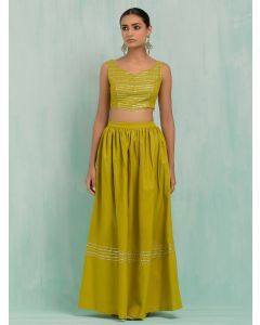 GreenGota Work Cotton Slub Blouse with Lehenga- Set of 2