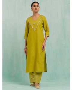 Green Gota Work Cotton Slub Kurta with Pants- Set of 2