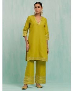 Green Gota Work Cotton Slub Kurta with Pants- Set of 2