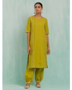 Green Gota Work Cotton Slub Kurta with Salwar- Set of 2