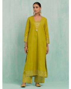 Green Gota Work Cotton Slub Kurta with Pants- Set of 2