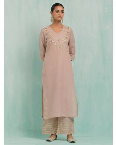 Pink Gota Work Cotton Slub Kurta with Pants- Set of 2