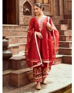 Red Hand Block Printed Organza Dupatta