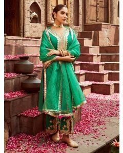 Green Hand Block Printed Organza Dupatta