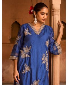 Blue Embroidered Viscose Chanderi Kurta with Pants- Set of 2