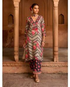 Black Printed Viscose Chanderi Kurta with Pants- Set of 2