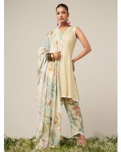 Yellow Printed Cotton Suit- Set of 3