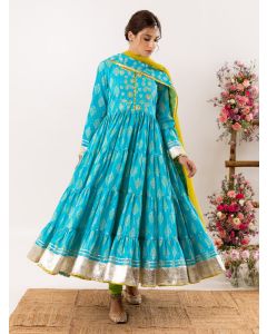 Firozi Hand Block Printed Cotton Suit- Set of 3