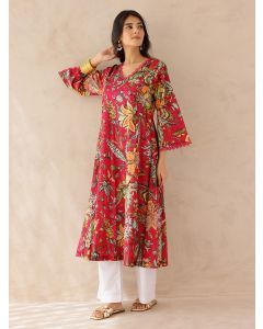 Pink Printed Cotton Kurta with Pants- Set of 2