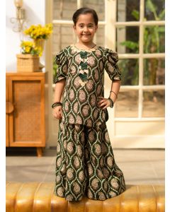 Green Printed Cotton Kurta with Sharara- Set of 2