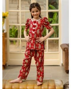 Pink Printed Cotton Kurta with Pants- Set of 2
