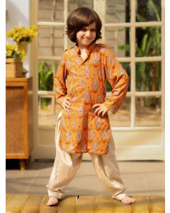Yellow Printed Cotton Kurta with Salwar- Set of 2