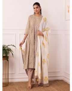 Brown Hand Block Printed Cotton Mulmul Suit - Set of 3