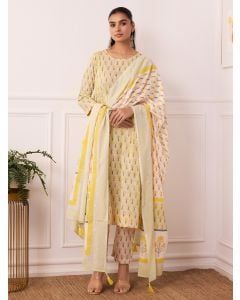 Green Yellow Hand Block Printed Cotton Mulmul Suit - Set of 3