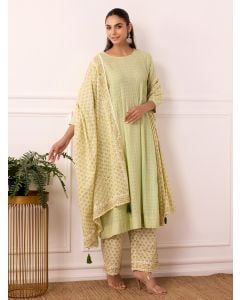 Green Checkered Cotton Dobby Suit - Set of 3