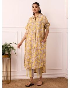 Brown Yellow Hand Block Printed Cotton Mulmul Tunic with Pants - Set of 2