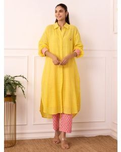 Yellow Checkered Cotton Dobby Tunic with Slip and Pants - Set of 2