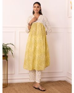 Yellow White Hand Block Printed Cotton Mulmul Kurta with Pants - Set of 2