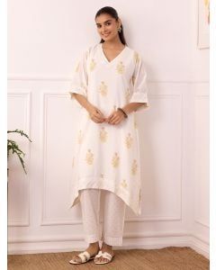 White Hand Block Printed Cotton Mulmul Kurta with Pants - Set of 2